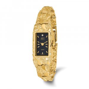 10k Yellow Gold Ladies Black Dial Rectangular Face Nugget Watch