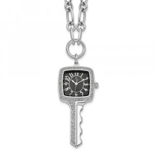 Ladies, Stainless Steel, Square Key Black Dial Pendant Watch Necklace