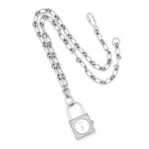 Ladies, Stainless Steel, White Dial Padlock Pendant Watch Necklace