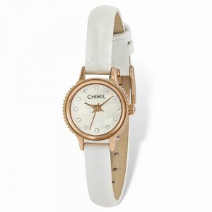 Chisel Ladies Rose IP-pltd Stainless Steel Wht Lthr Strap Watch