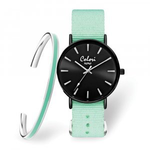 Colori Ladies Black Light Green Nylon Strap Watch & Bangle Set