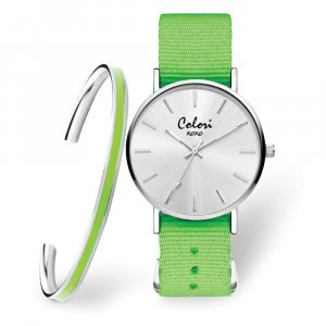 Colori Ladies Silver Green Nylon Strap Watch & Bangle Set