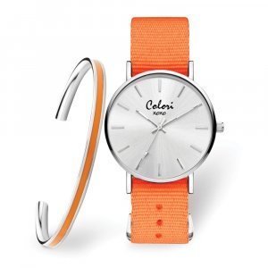 Colori Ladies Silver Orange Nylon Strap Watch & Bangle Set