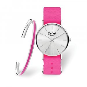 Colori Ladies Silver Hot Pink Nylon Strap Watch & Bangle Set