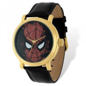 Marvel Adult Size Spiderman Black Leather Gold-tone Watch